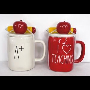 Set of Rae Dunn teacher mugs with toppers